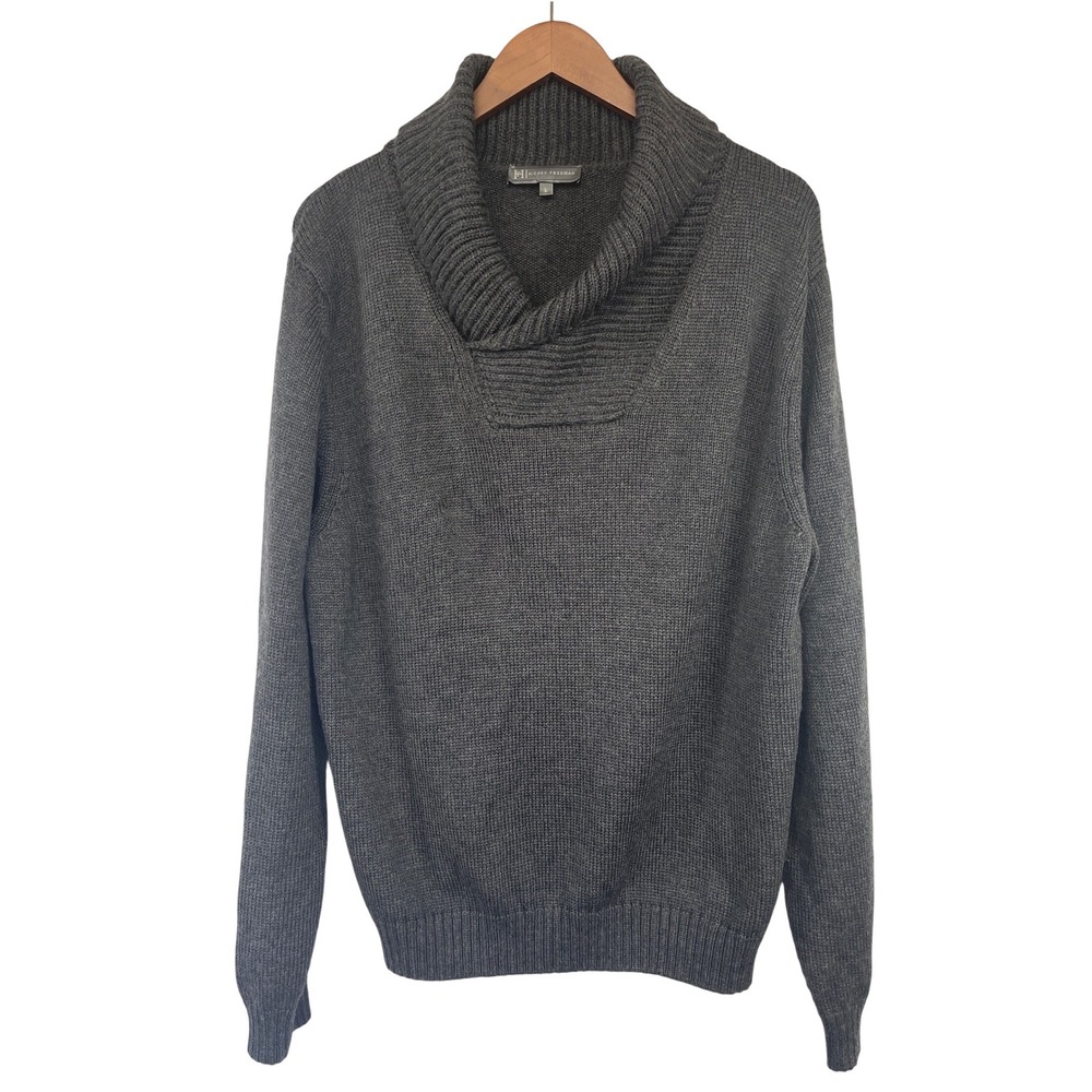 Hickey Freeman Mens Shawl Collar Wool Sweater L Gray Italy Classic Heritage Fall